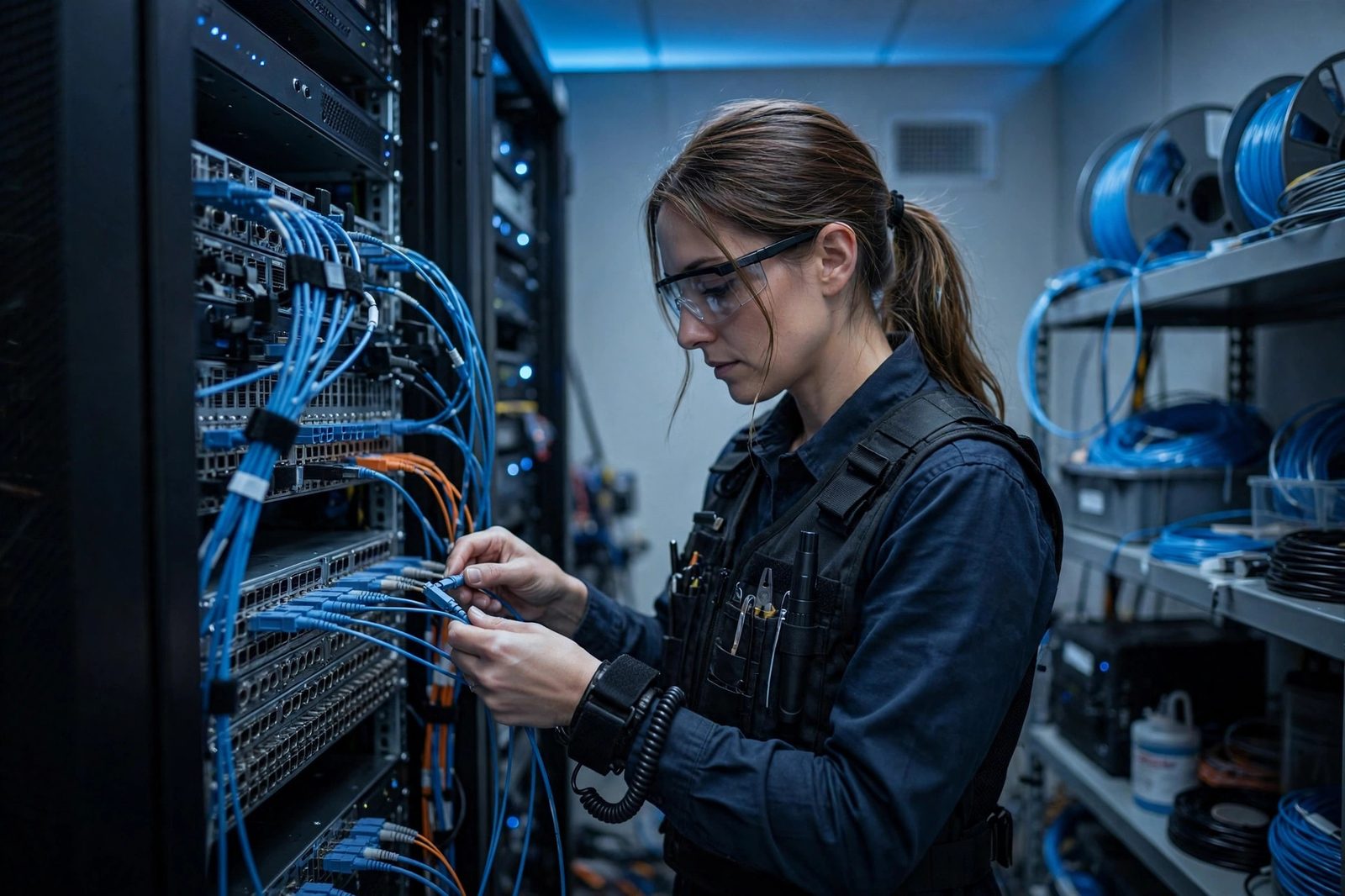Network engineer configuring enterprise server rack with fiber cabling