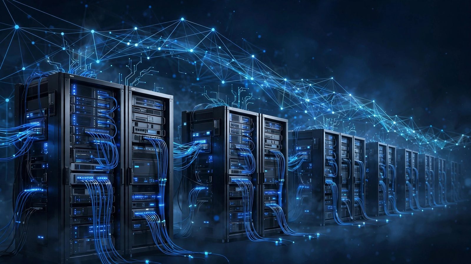 Enterprise network infrastructure with connected server racks and network topology